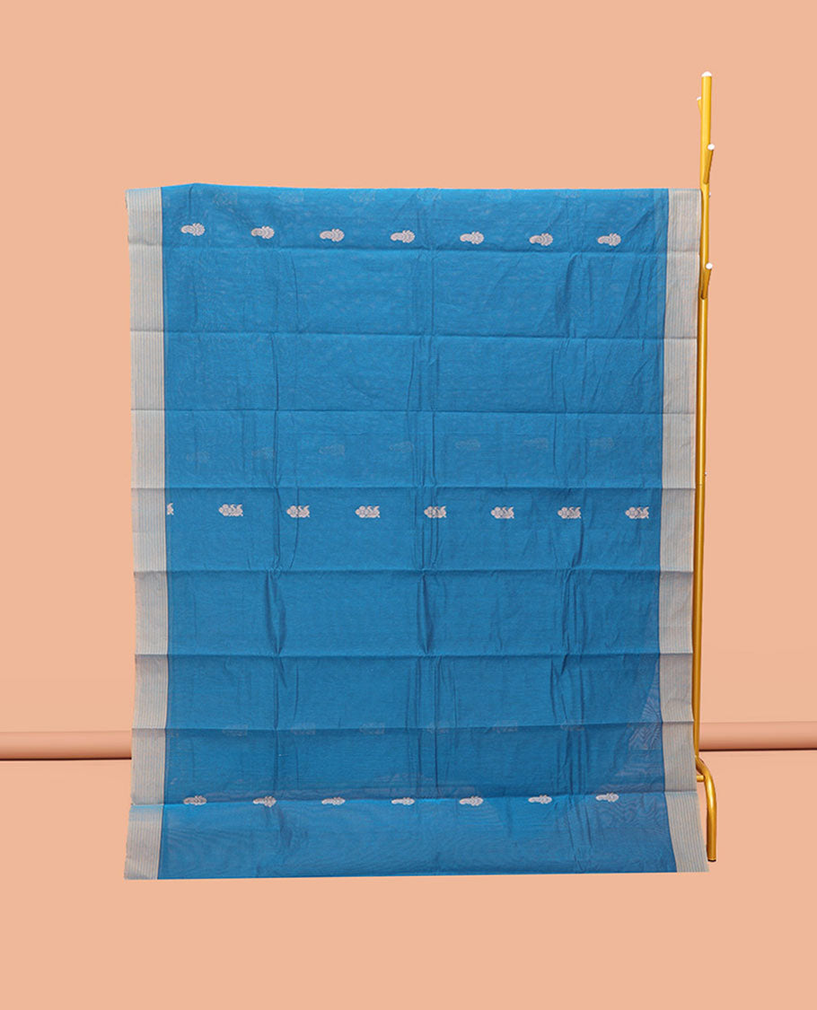 Blue Kanchi Cotton Saree, Delicately Woven with Buttas, Complemented by a Contrast Border, Paisley Pallu, and a Matching Blouse