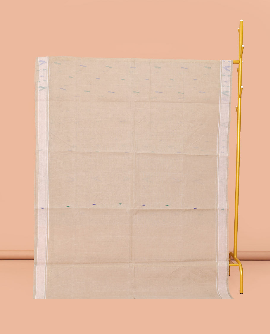 Beige Bengal Cotton Saree, Steeped with Thread Buttas, a Subtle Border, a Pallu of Stripes and Buttas, and a Matching Blouse