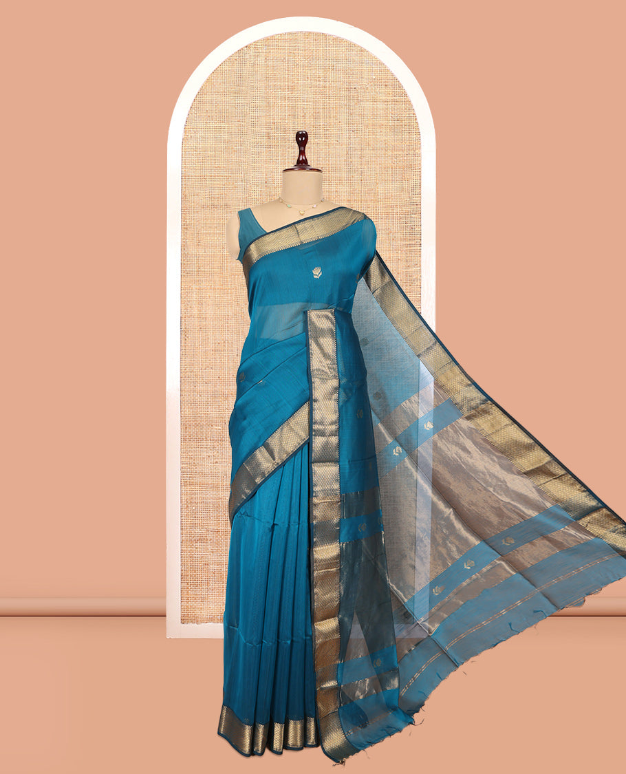 Blue Maheshwari Cotton Saree, Enriched with Zari Buttas, a Contrast Traditional Zari Border, Pallu of Zari Design, and a Matching Blouse