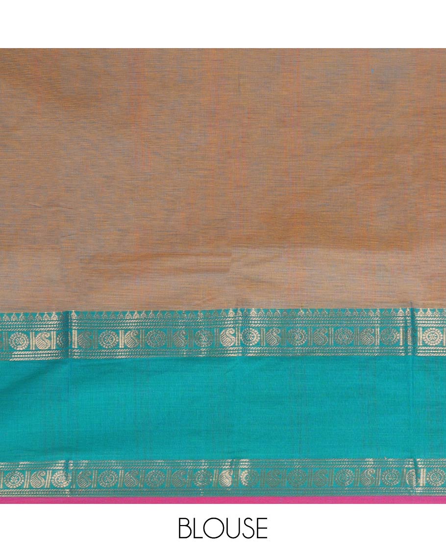 Light brown floral vine design chettinad cotton saree with contrast ganga jamuna zari design & striped pallu