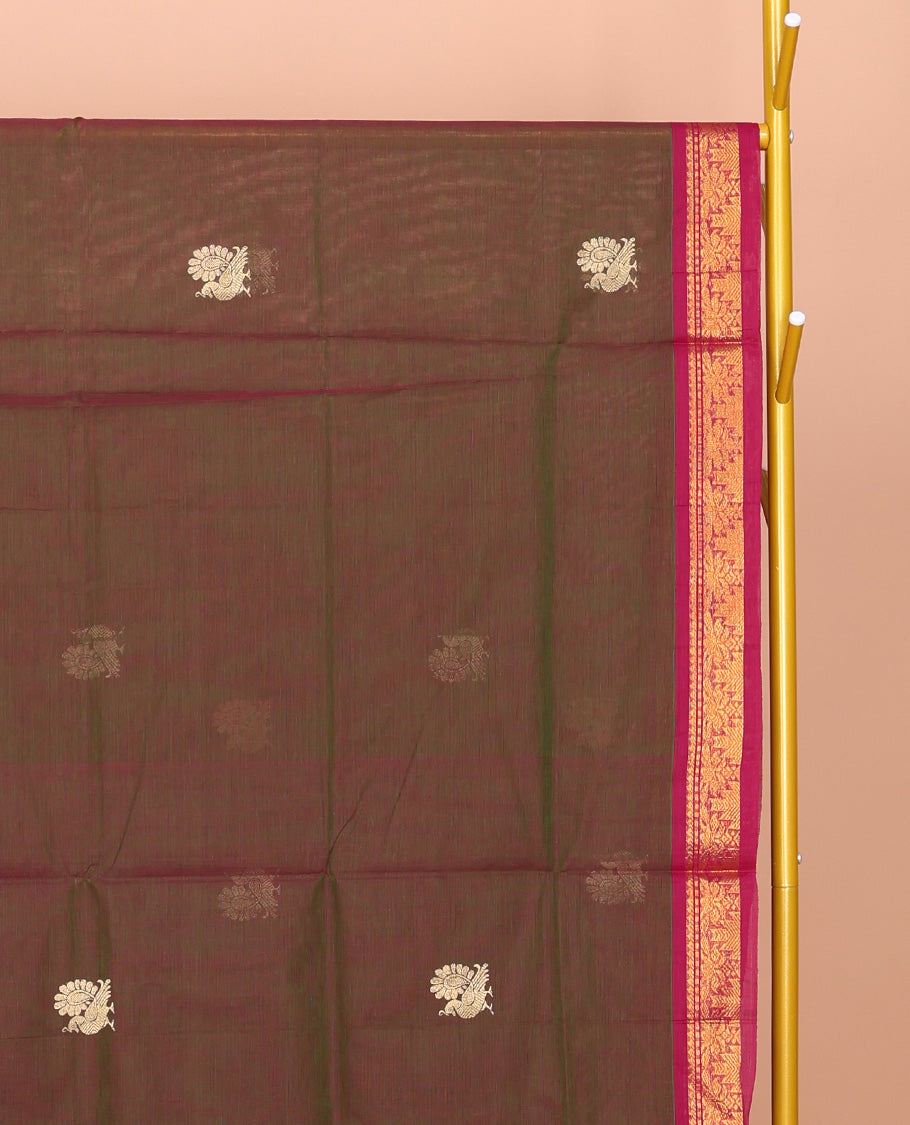 Green Dual-tone Venkatagiri Cotton Saree, Enriched with Peacock Buttas, a Contrast Zari Border, Pallu of Buttas and Stripes, and No Blouse
