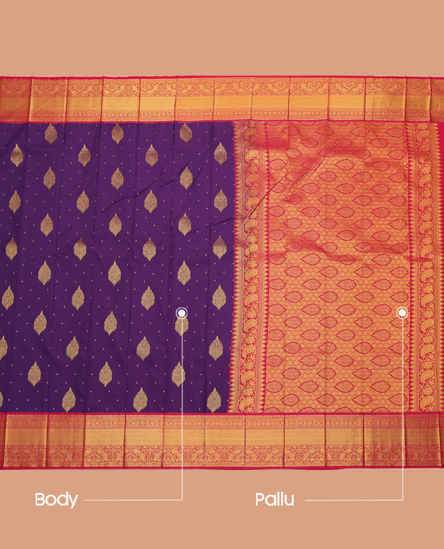 Violet Budget Silk Saree, Dazzled with Zari Buttas All Over Its Body, Complemented by a Contrast Traditional Design Border of Peacocks, Gracefully Embellished Pallu, and Paired with a Contrast Blouse