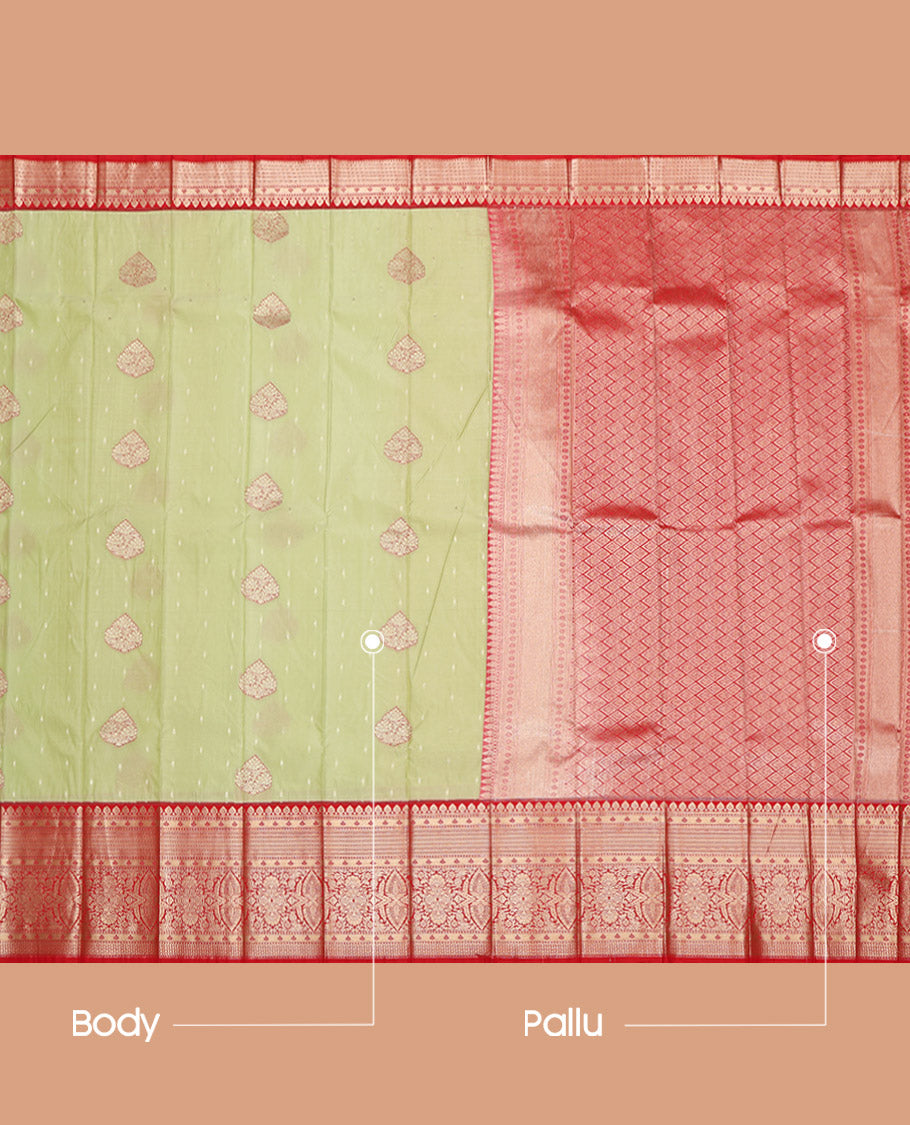 Green Budget Silk Saree, Elevated with Zari Buttas on Its Body, Complemented by a Contrast Traditional Zari Design Border, Grand Jaal Pallu, and Paired with a Contrast Blouse
