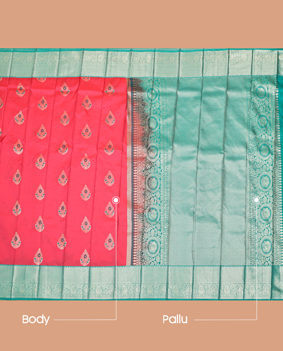 Pink Budget Silk Saree, Detailed with Zari Buttas, Captivating Contrast Traditional Zari Design Border, Pallu of Jaal Design, and Has a Contrast Blouse