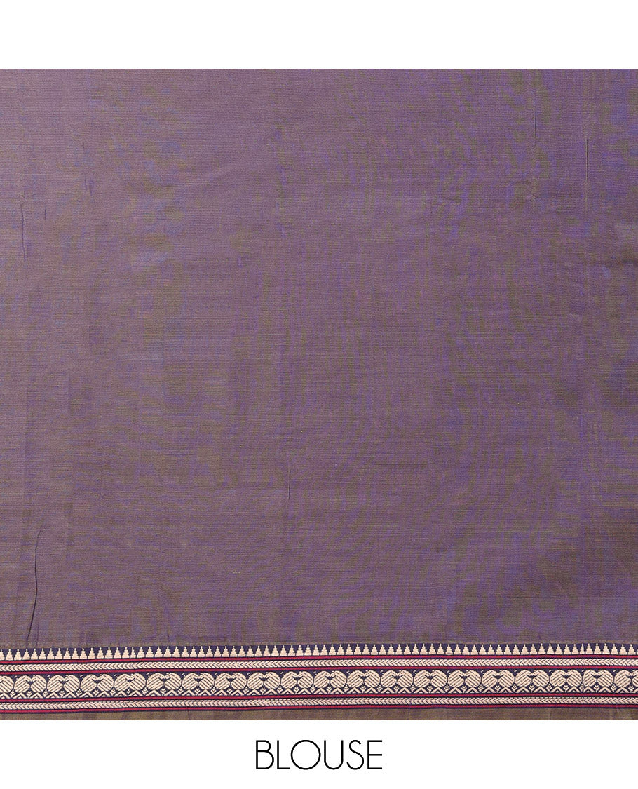 Grey Dual-Toned Plain Narayanpet Cotton Saree, Subtly Woven Traditional Motifs Thread Border, Complemented by Contrast Pallu of Colorful Stripes, and Paired with a Matching Blouse