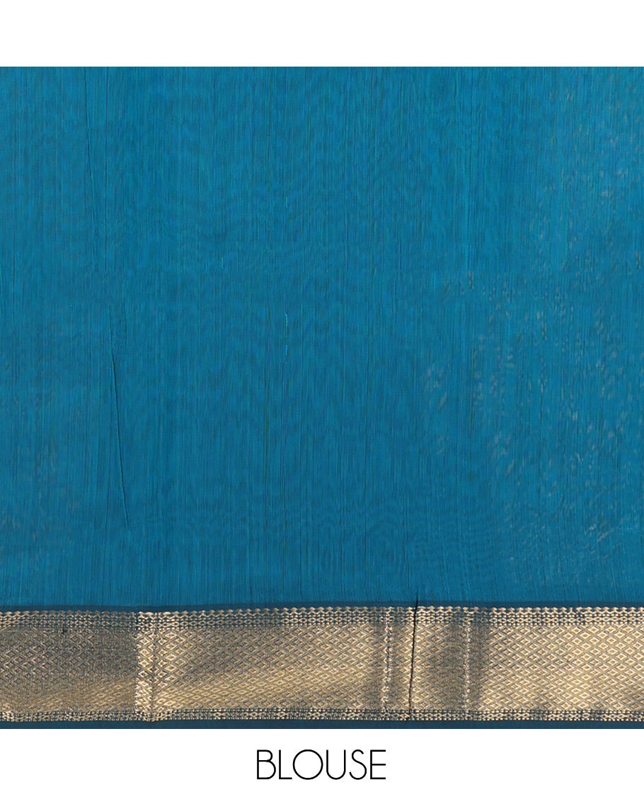 Blue Maheshwari Cotton Saree, Enriched with Zari Buttas, a Contrast Traditional Zari Border, Pallu of Zari Design, and a Matching Blouse