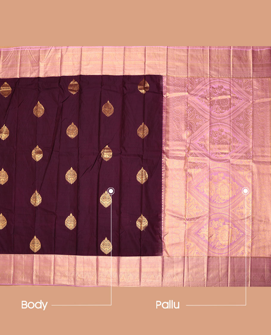 Wine Budget Silk Saree, Enthralled with Zari Buttas, Complemented by Contrast Traditional Zari Border, a Grand Pallu and a Contrast Blouse