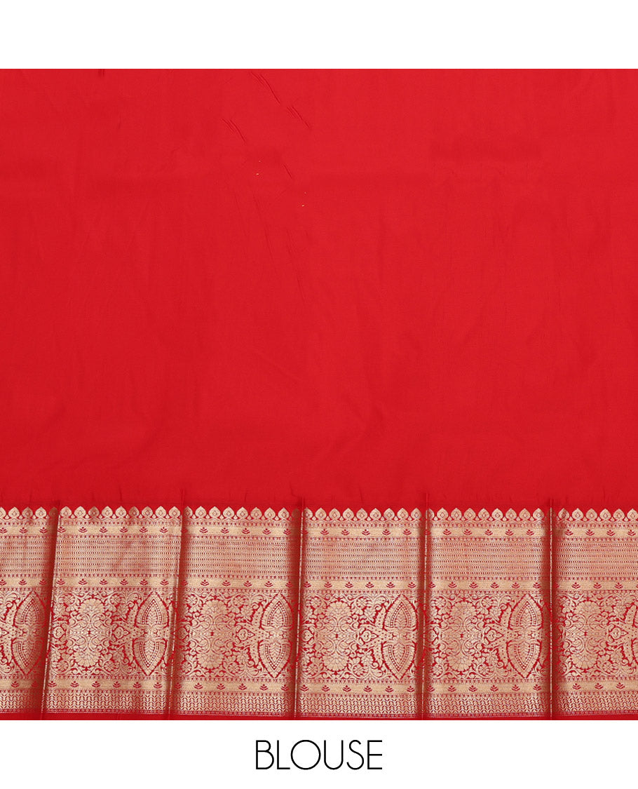Green Budget Silk Saree, Elevated with Zari Buttas on Its Body, Complemented by a Contrast Traditional Zari Design Border, Grand Jaal Pallu, and Paired with a Contrast Blouse