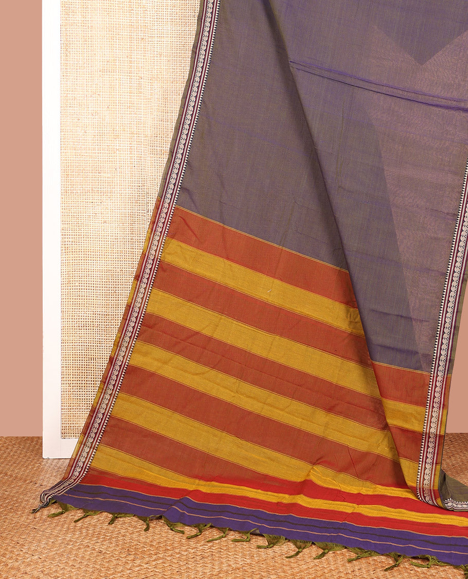 Grey Dual-Toned Plain Narayanpet Cotton Saree, Subtly Woven Traditional Motifs Thread Border, Complemented by Contrast Pallu of Colorful Stripes, and Paired with a Matching Blouse