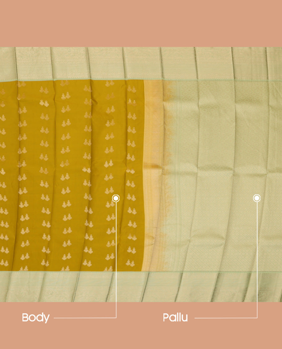 Leaf Green Budget Silk Saree, Gleamed Up with Zari Buttas and Stripes, a Contrast Traditional Zari Border, Grand Pallu, and a Contrast Blouse