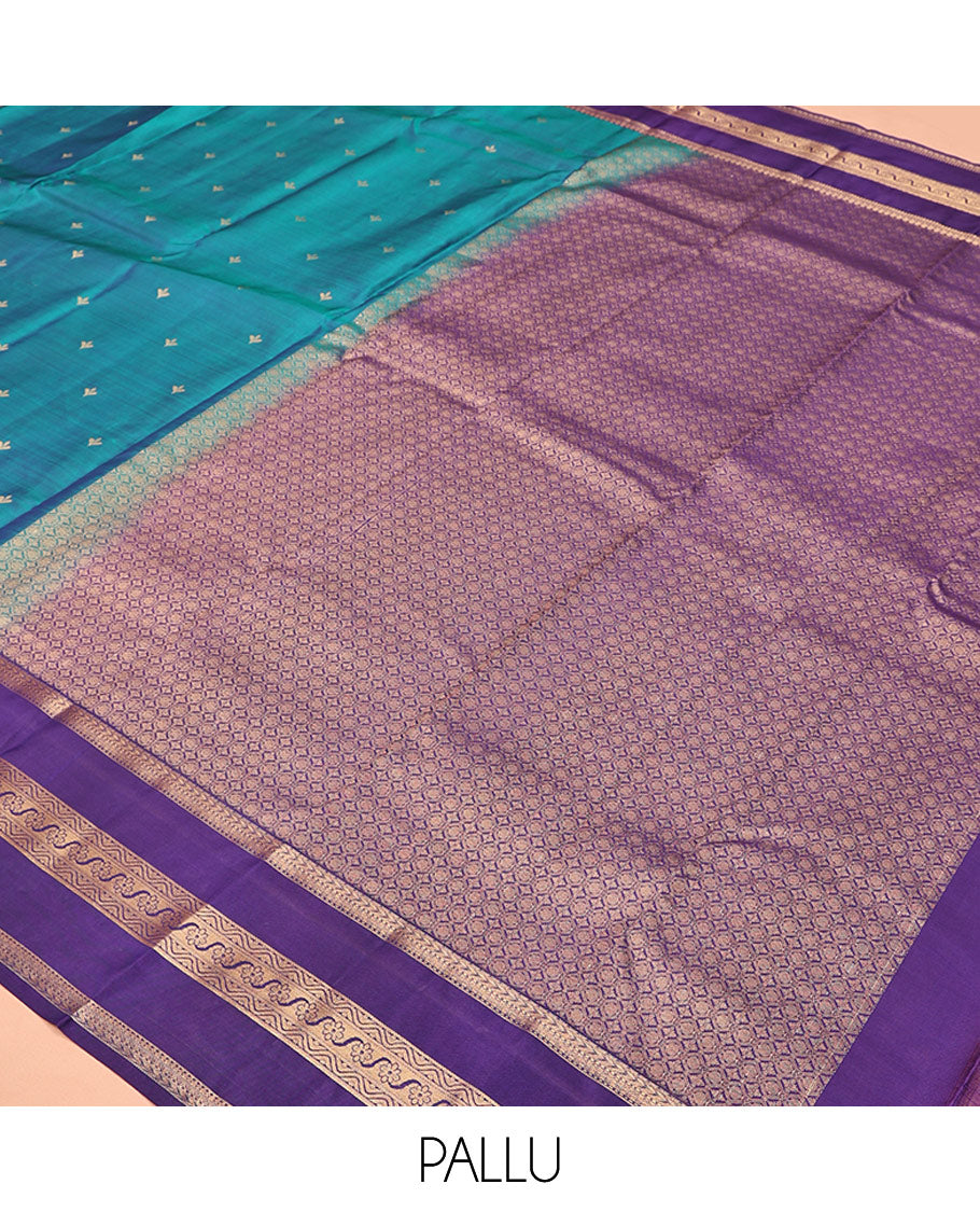 Blue Vasundhara Lite Silk Mix Saree, Showcasing Zari Buttas All Over Its Body, Complemented by Contrast Varisai Pettu Border of Kathir, Muthu, and Floral Designs, Jaal Pallu, and Paired with a Contrast Blouse