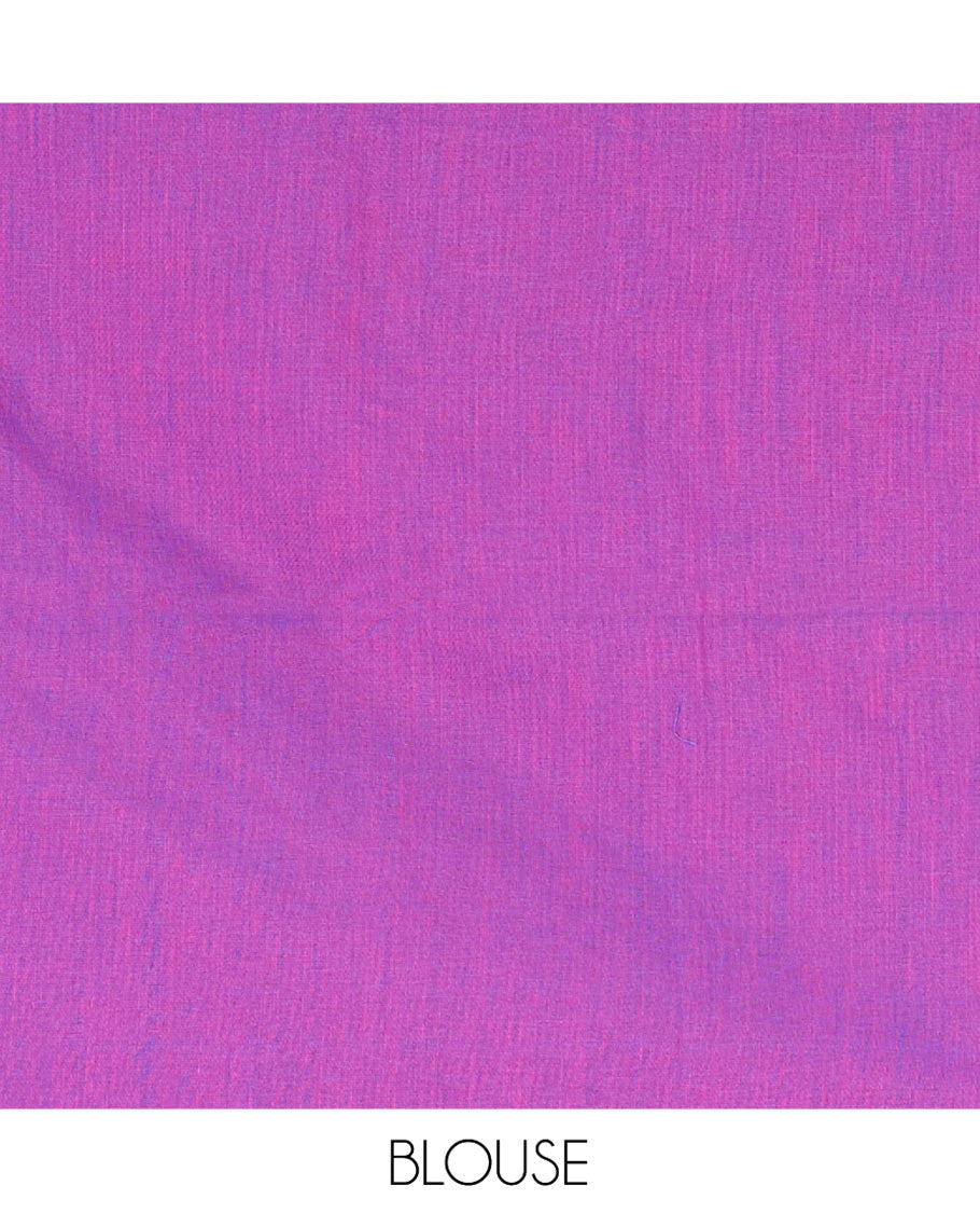 Borderless Violet Khadi Cotton Saree, Delicately Woven with Umbrella Motifs, Thread Embroidered on Its Body, a Self-Pallu, and Paired with a Matching Blouse