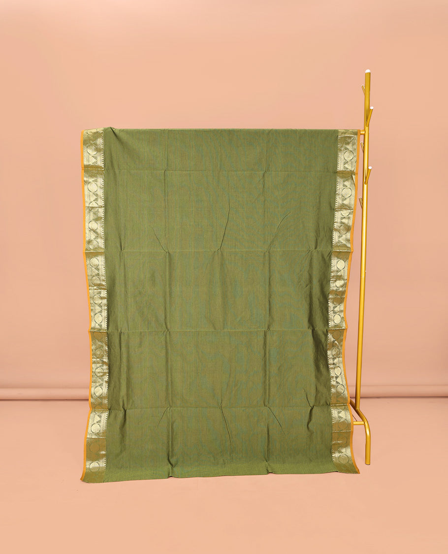 Green Plain Poly Cotton Saree, Complemented by a Contrast Traditional Zari Border of Temple and Rudraksham Designs, Contrast Striped Pallu, and Paired with a Contrast Blouse