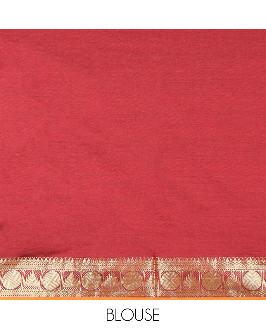 Green Plain Poly Cotton Saree, Complemented by a Contrast Traditional Zari Border of Temple and Rudraksham Designs, Contrast Striped Pallu, and Paired with a Contrast Blouse