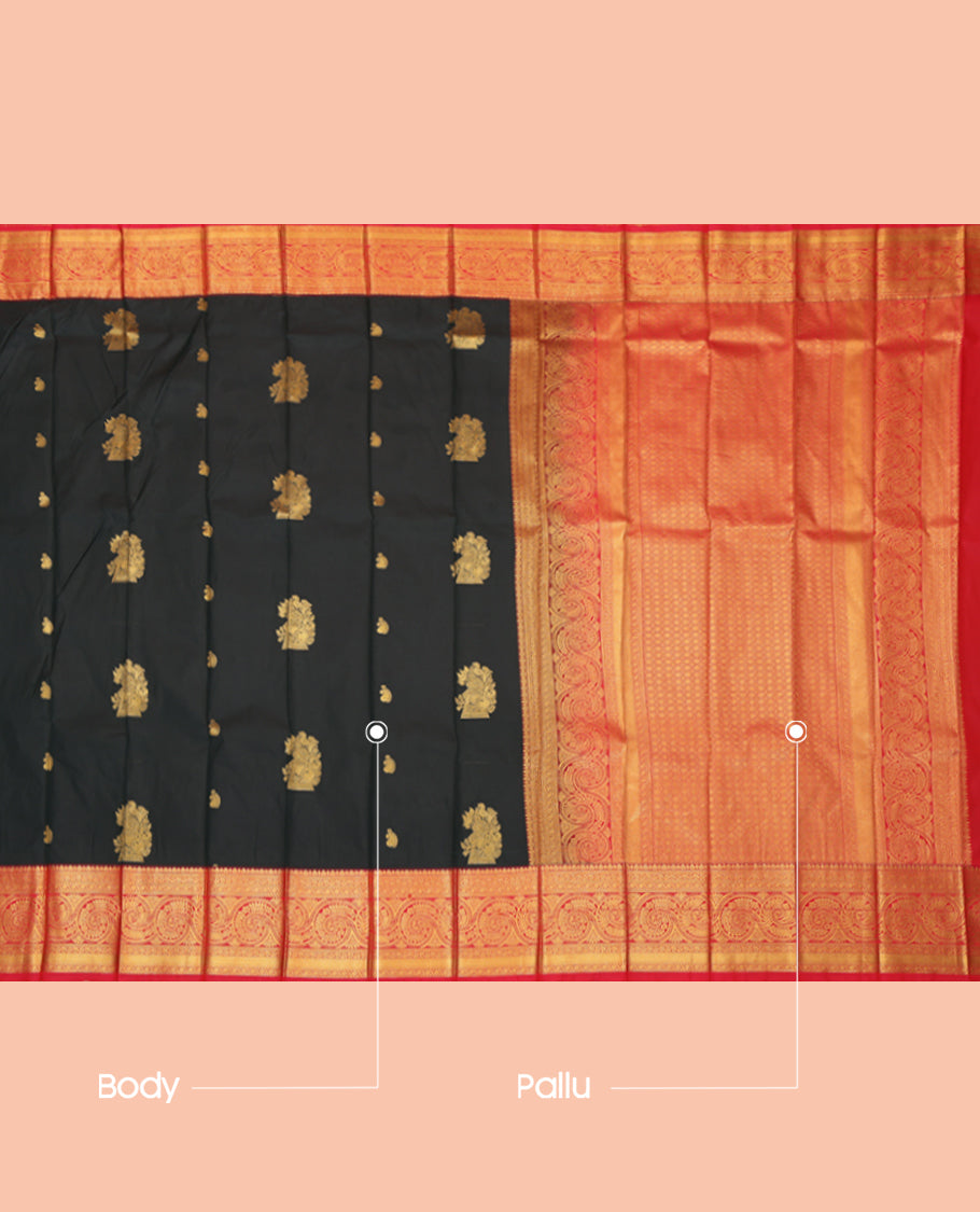 Black Budget Silk Saree, Pretified with Animal Buttas, a Contrast Traditional Zari Border, a Jaal Pallu and a Contrast Blouse