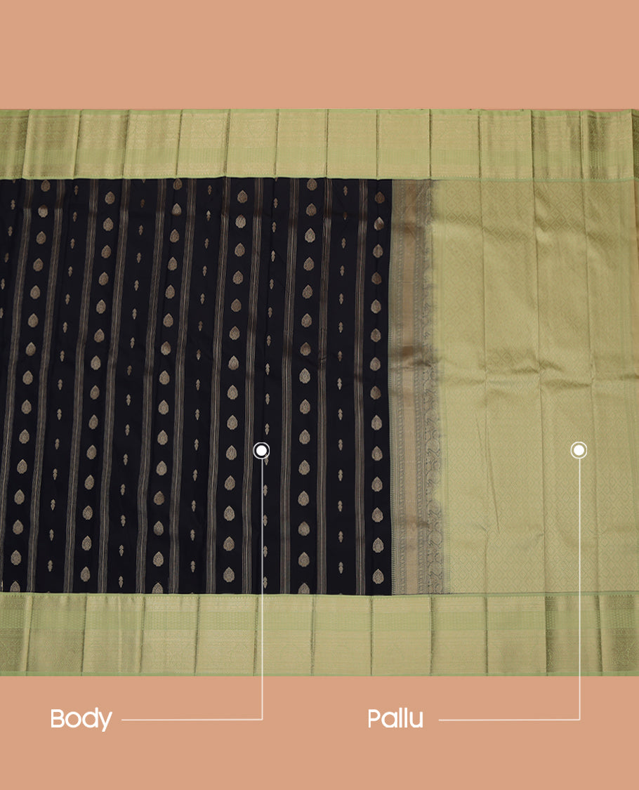 Black Budget Silk Saree, Prettified with Zari Buttas and Stripes, a Contrast Traditional Zari Border, Grand Pallu, and a Contrast Blouse