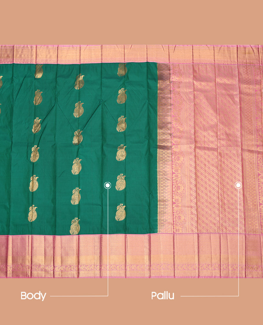 Green Budget Silk Saree, Woven with Zari Buttas, Complemented by a Contrast Traditional Border, Grand Pallu, and a Contrast Blouse