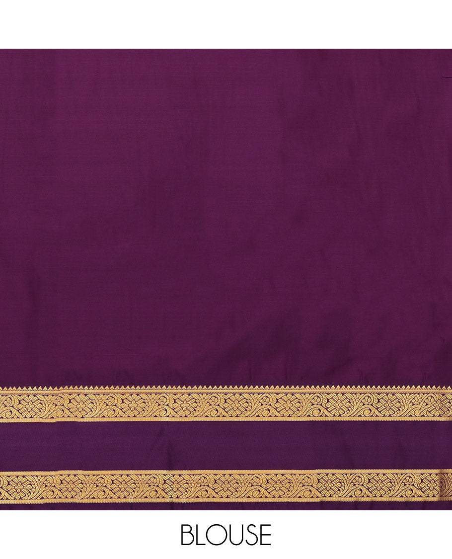 Orange Budget Silk Saree, Bedecked with Zari Buttas and Stripes, Complemented by Contrast Floral Creeper Rettai Pettu Border, Jaal Pallu and a Contrast Blouse