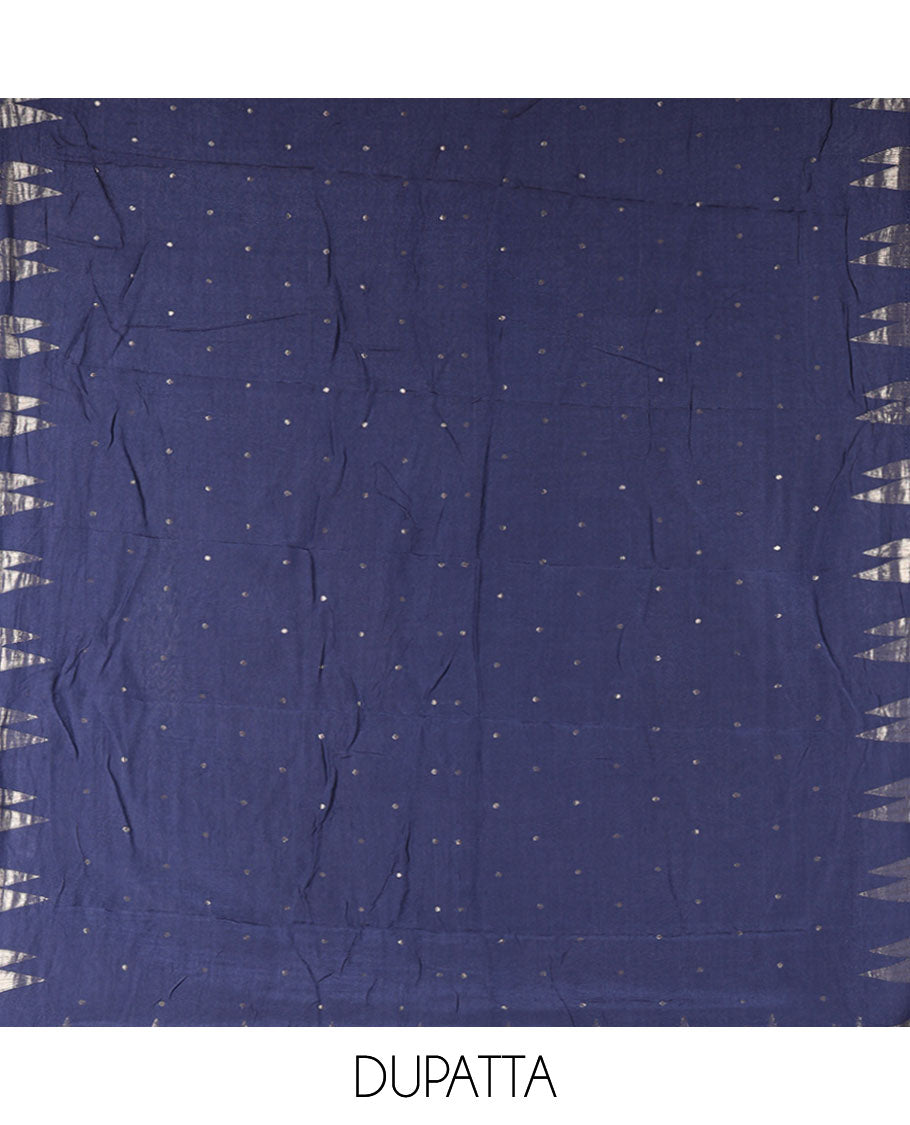 Blue Semi-Silk Material Chudidar Set, Subtly Sparkled with Buttas on Its Top, a Plain Bottom, and Paired with a Semi-Silk Zari Buttas and Pine-Tree Dupatta