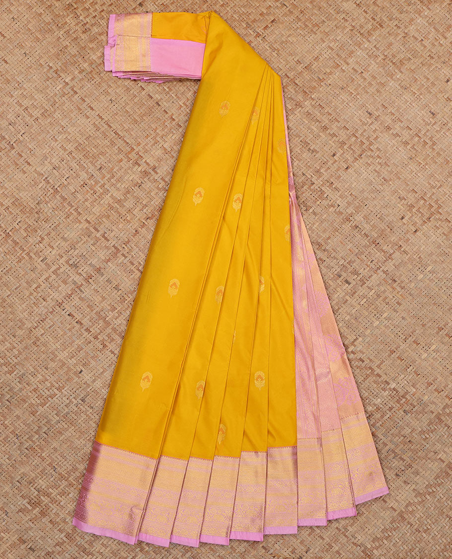Yellow Budget Silk Saree, Subtly Sparkled with Zari Buttas, Complemented by Contrast Traditional Zari Border, a Grand Pallu and a Contrast Blouse