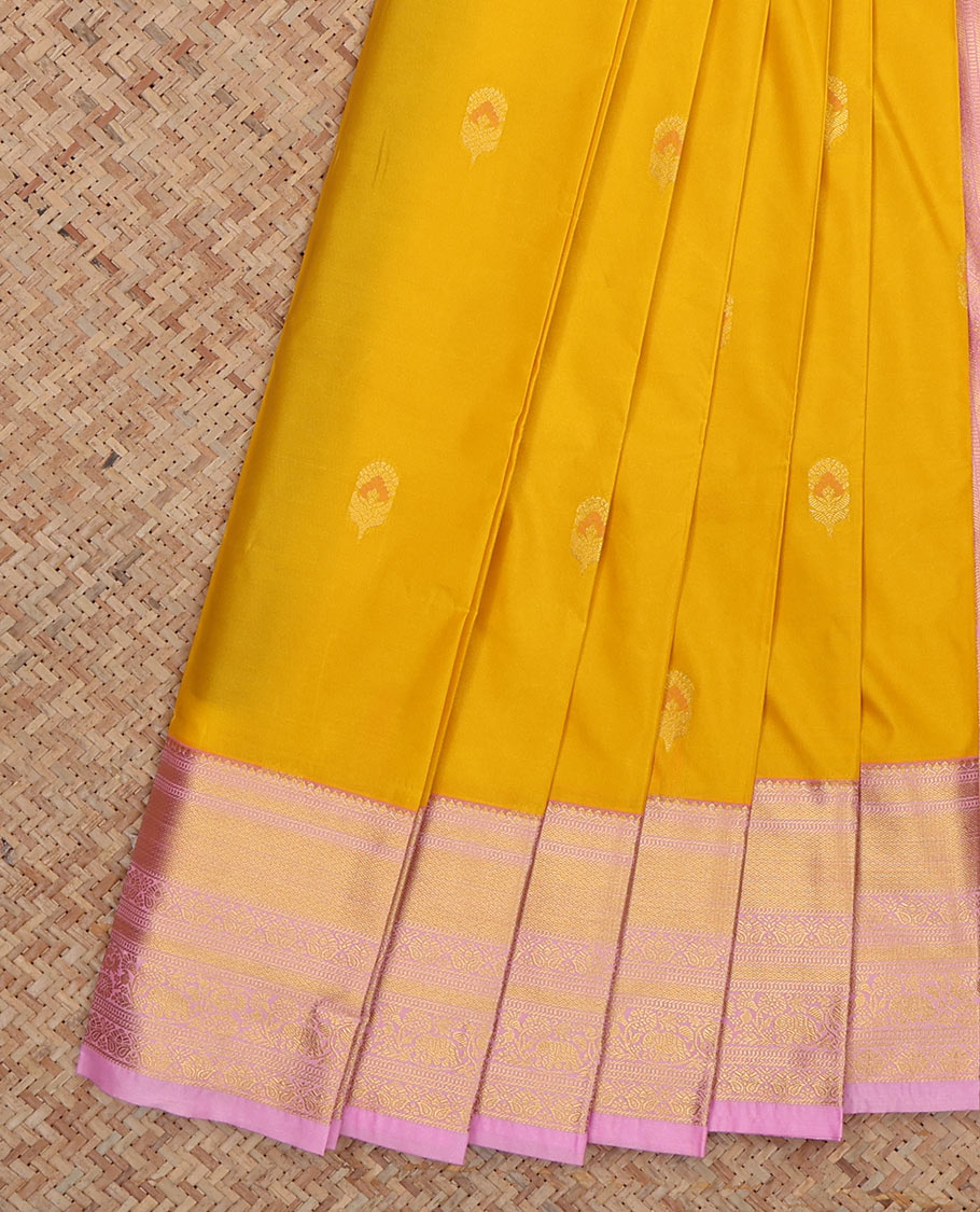 Yellow Budget Silk Saree, Subtly Sparkled with Zari Buttas, Complemented by Contrast Traditional Zari Border, a Grand Pallu and a Contrast Blouse