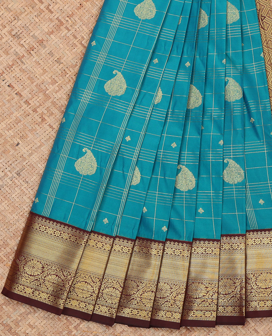 Blue Budget Silk Saree, Graced with Zari Buttas and Checks, Complemented by a Contrast Traditional Zari Border, Grand Pallu, and Contrast Blouse