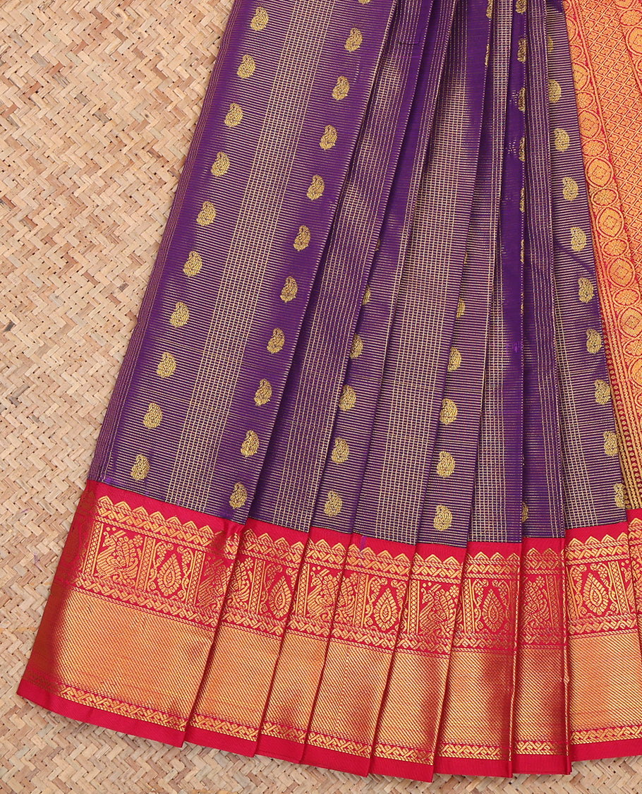 Violet Budget Silk Saree, Beautified with Zari Buttas and Stripes, a Contrast Traditional Zari Border, Grand Pallu, and a Contrast Blouse