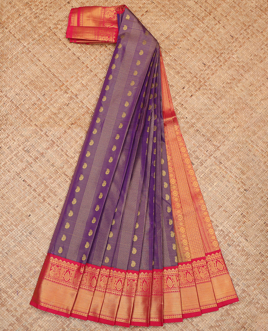Violet Budget Silk Saree, Beautified with Zari Buttas and Stripes, a Contrast Traditional Zari Border, Grand Pallu, and a Contrast Blouse