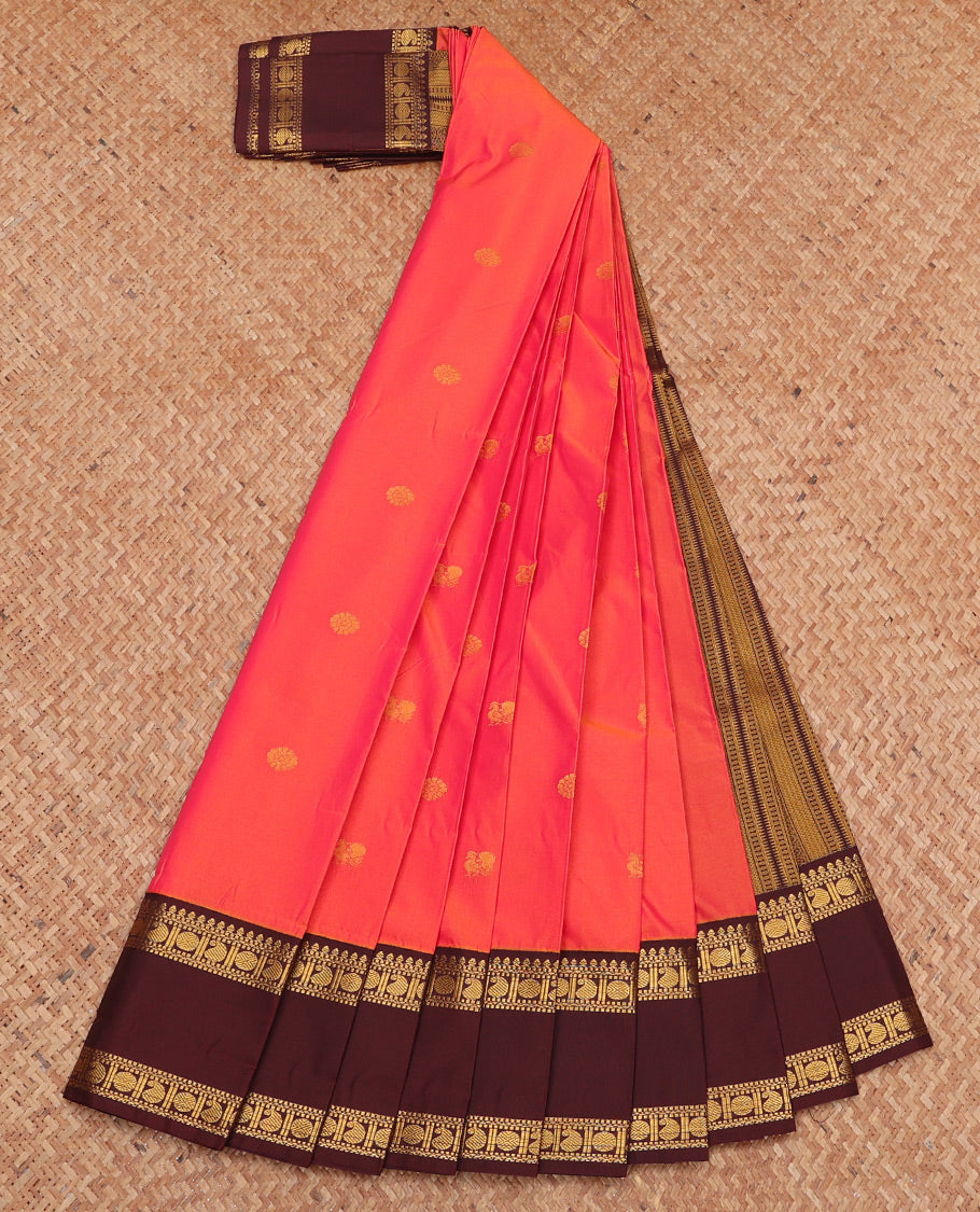 Orange Budget Silk Saree, Detailed with Zari Buttas, Complemented by a Contrast Traditional Zari Rettai Pettu Border, Grand Pallu, and Contrast Blouse