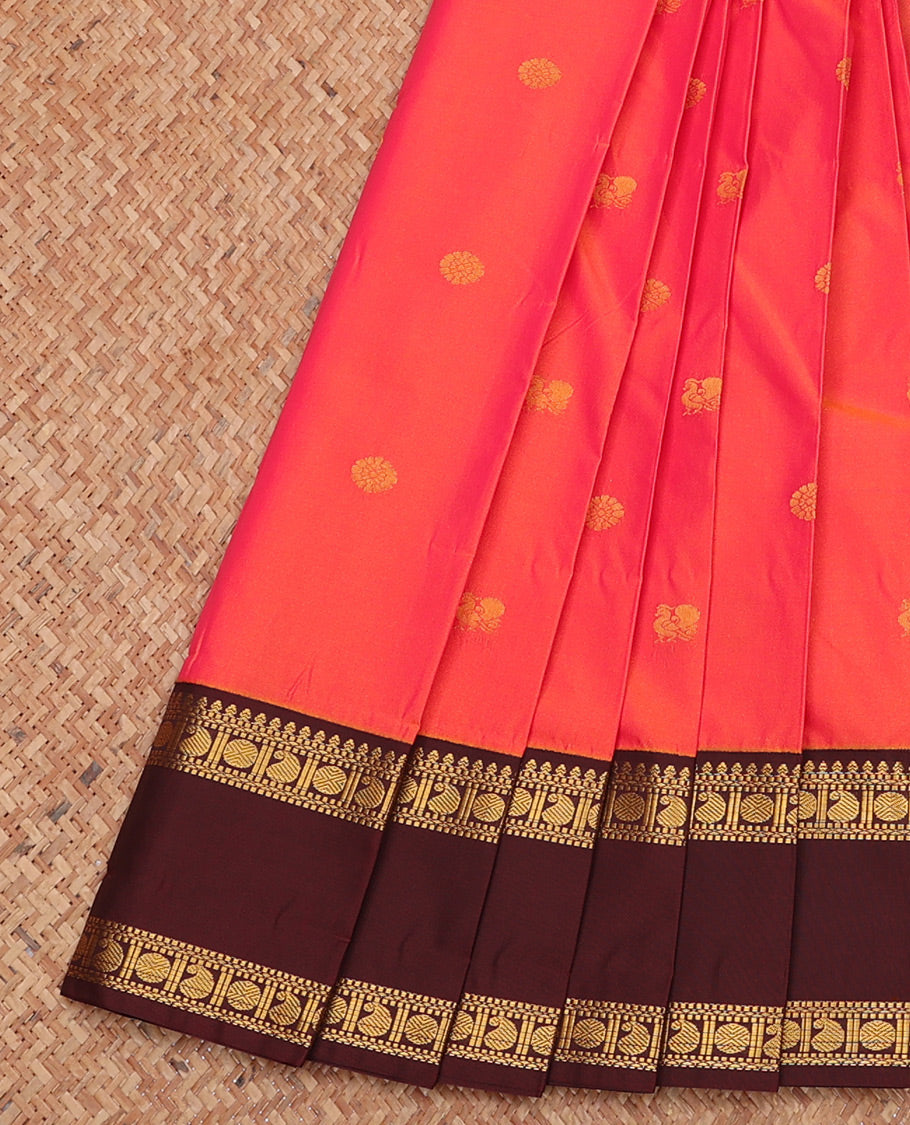 Orange Budget Silk Saree, Detailed with Zari Buttas, Complemented by a Contrast Traditional Zari Rettai Pettu Border, Grand Pallu, and Contrast Blouse
