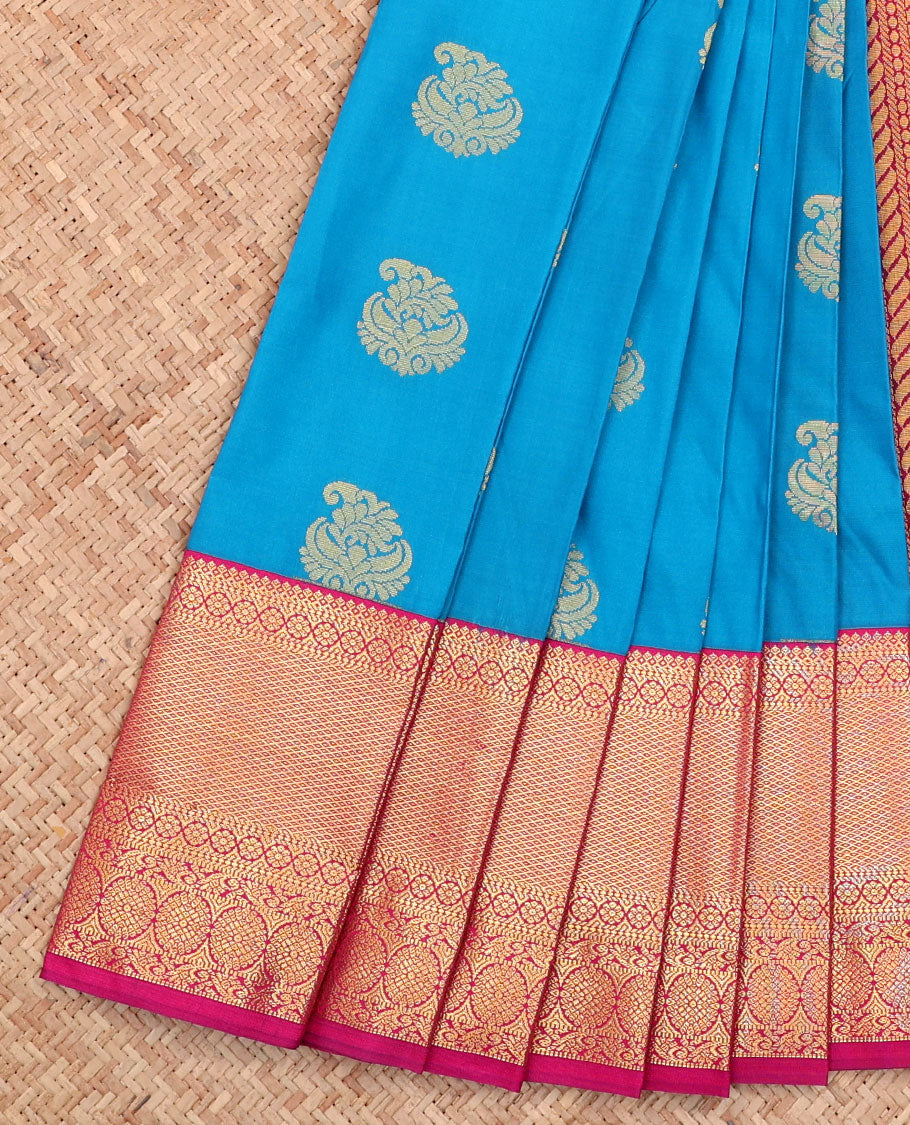Blue Budget Silk Saree, Elevated with Buttas All Over Its Body, Complemented by a Contrast Traditional Zari Design Border, Pallu of Chevron Designs, and Paired with a Contrast Blouse