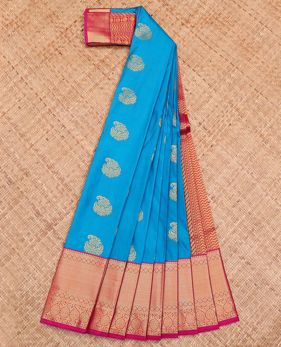 Blue Budget Silk Saree, Elevated with Buttas All Over Its Body, Complemented by a Contrast Traditional Zari Design Border, Pallu of Chevron Designs, and Paired with a Contrast Blouse