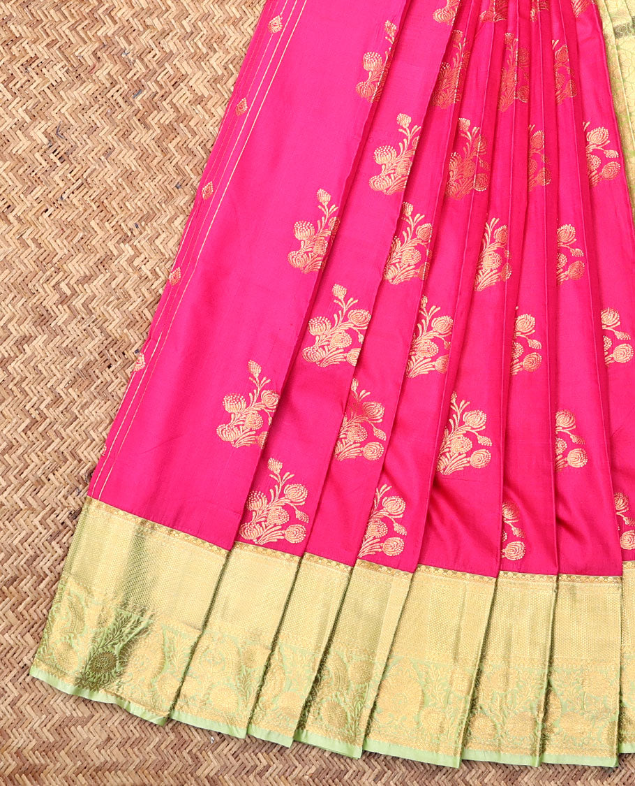 Pink Budget Silk Saree, Accentuated with Zari Buttas, Complemented by Contrast Traditional Zari Border, a Jaal Pallu and a Contrast Blouse