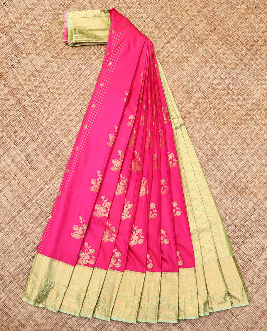 Pink Budget Silk Saree, Accentuated with Zari Buttas, Complemented by Contrast Traditional Zari Border, a Jaal Pallu and a Contrast Blouse