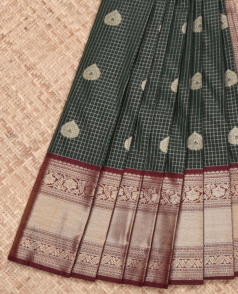 Dark Green Budget Silk Saree, Spotlighted with Zari Butta Enclosed Checks on Its Body, Complemented by a Contrast Traditional Zari Design Border, Grand Pallu, and Paired with a Contrast Blouse