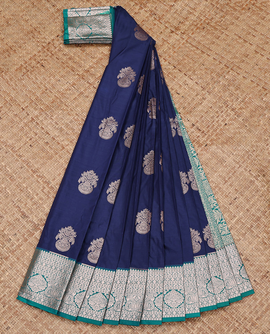 Navy Blue Budget Silk Saree, Decorated with Zari Buttas All Over Its Body, Complemented by a Contrast Traditional Zari Design Rettai Pettu Border, Intricate Pallu, and Paired with a Contrast Blouse