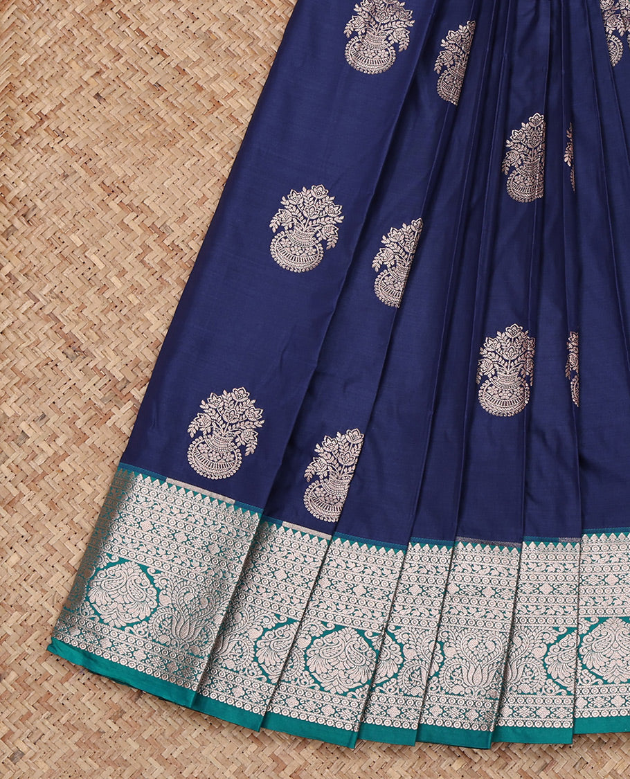 Navy Blue Budget Silk Saree, Decorated with Zari Buttas All Over Its Body, Complemented by a Contrast Traditional Zari Design Rettai Pettu Border, Intricate Pallu, and Paired with a Contrast Blouse