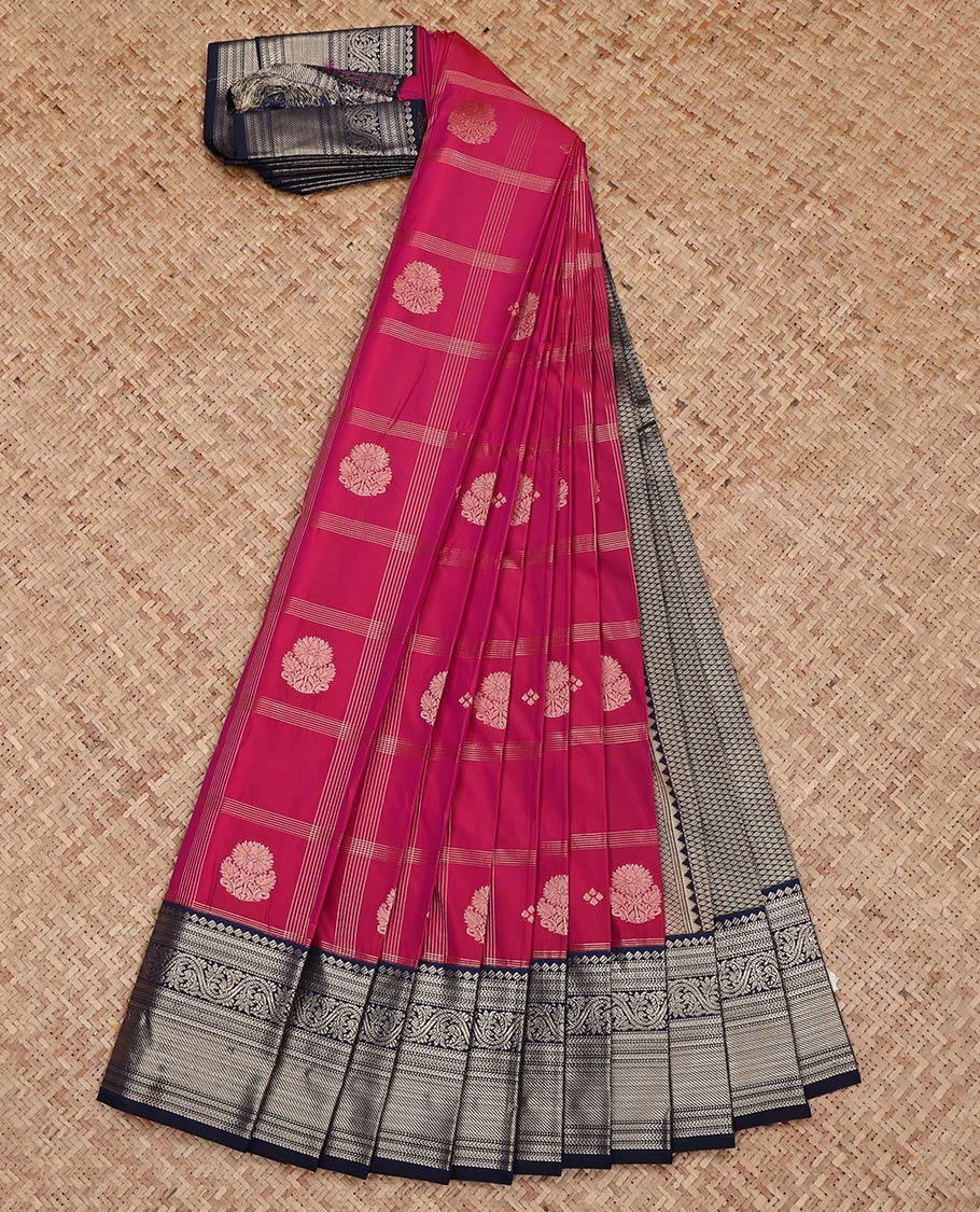Magenta Budget Silk Saree, Richly Detailed with Zari Butta Enclosed Checks on Its Body, Complemented by a Contrast Traditional Zari Design Border, Jaal Pallu, and Paired with a Contrast Blouse