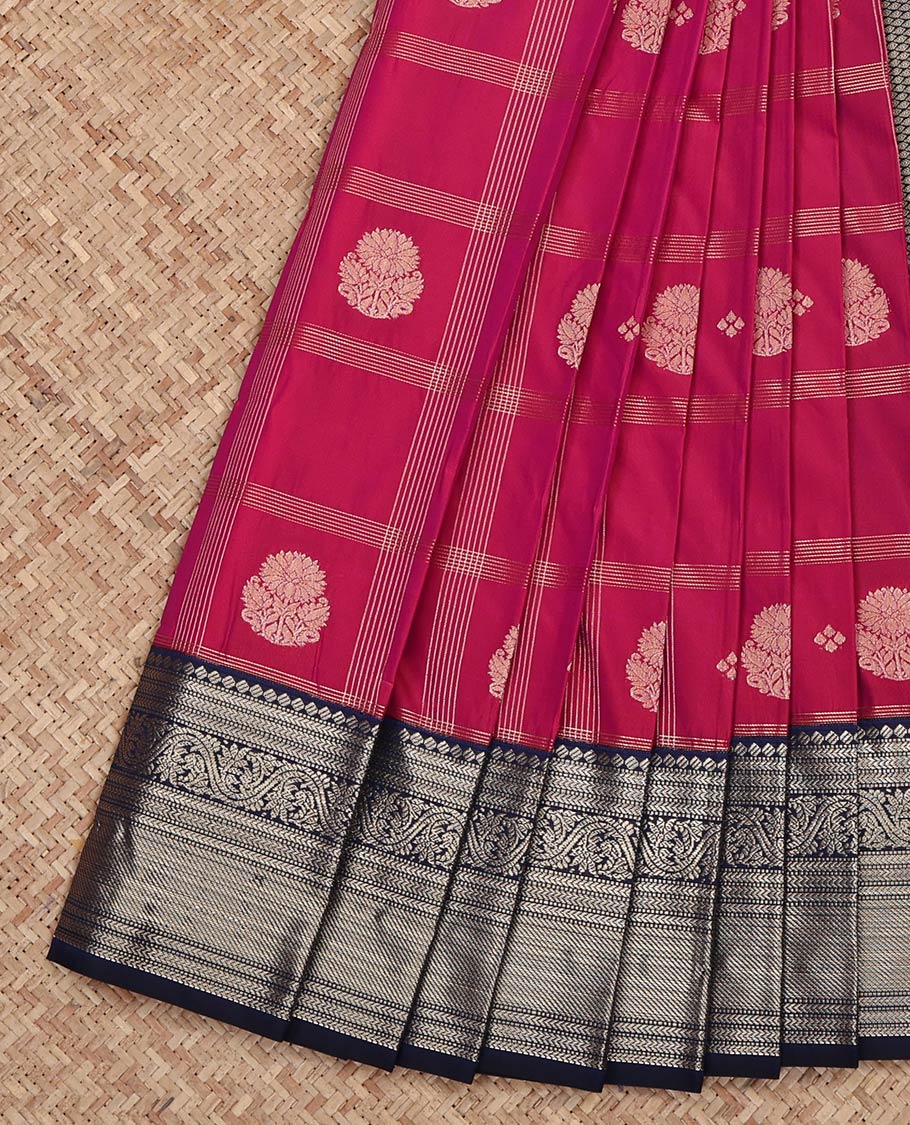 Magenta Budget Silk Saree, Richly Detailed with Zari Butta Enclosed Checks on Its Body, Complemented by a Contrast Traditional Zari Design Border, Jaal Pallu, and Paired with a Contrast Blouse