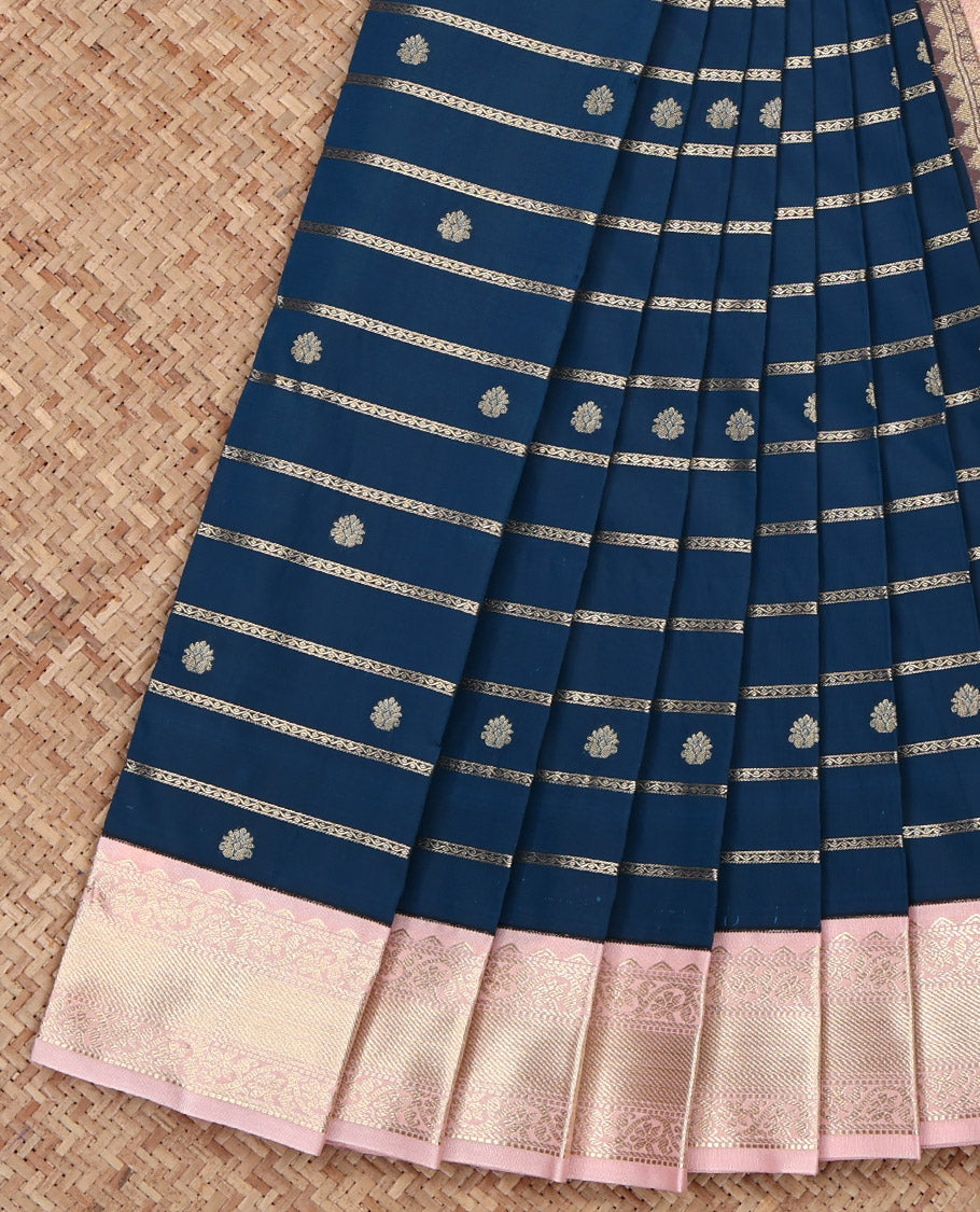 Blue Budget Silk Saree, Embellished with Zari Buttas and Stripes on Its Body, Complemented by a Contrast Traditional Zari Design Rettai Pettu Border, Subtly Sparkled Pallu, and Paired with a Contrast Blouse