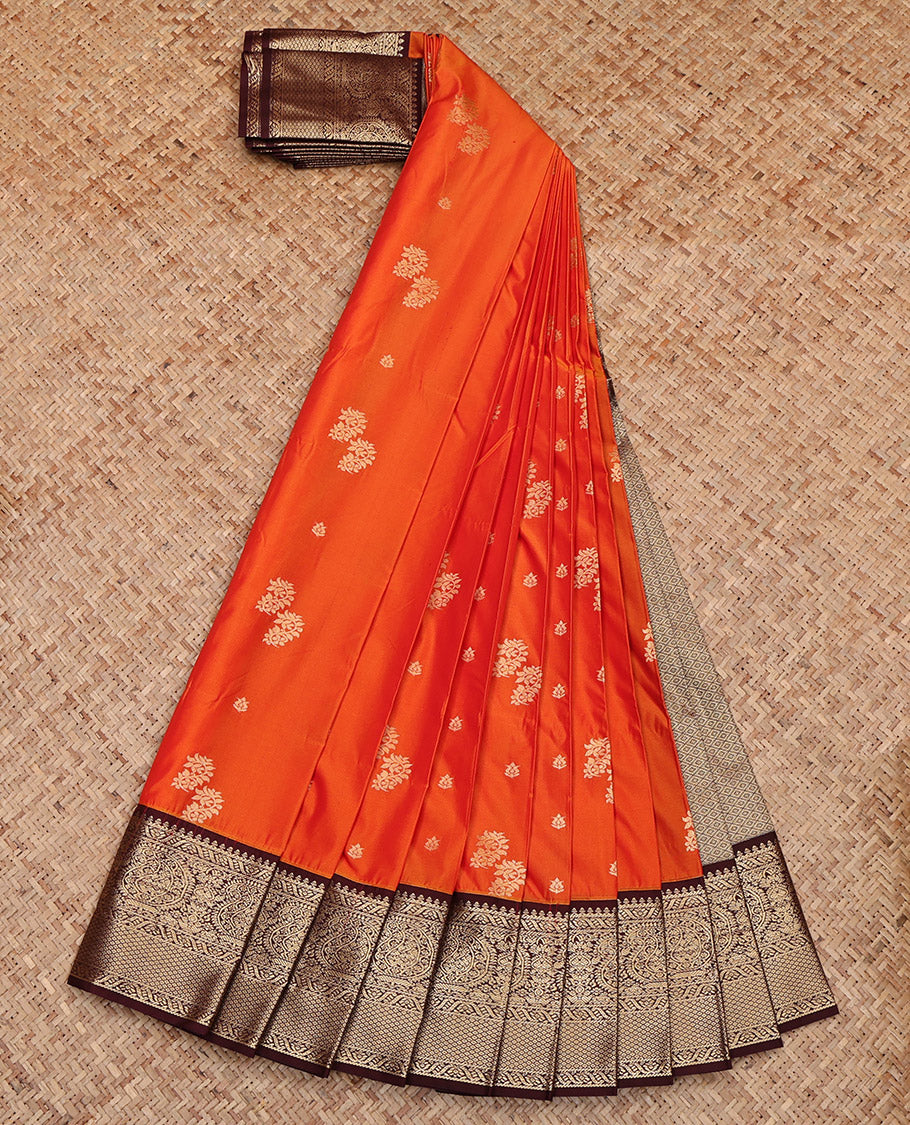 Orange Budget Silk Saree, Embellished with Zari Buttas, Complemented by Contrast Traditional Zari Border, Jaal Pallu and a Contrast Blouse