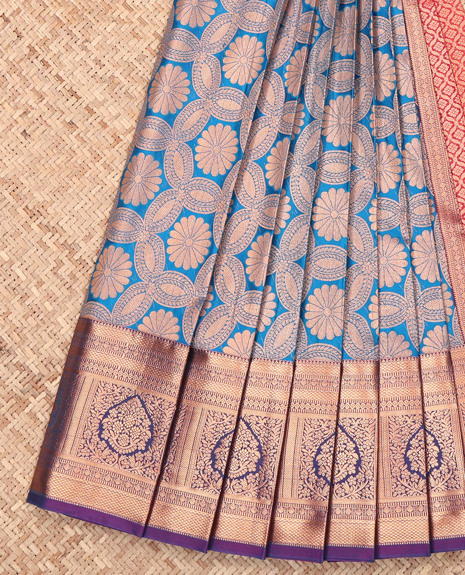 Blue Budget Silk Saree, Accentuated with Jacquard Design, Complemented by a Contrast Floral Creeper Zari Border, Jaal Pallu, and Contrast Blouse