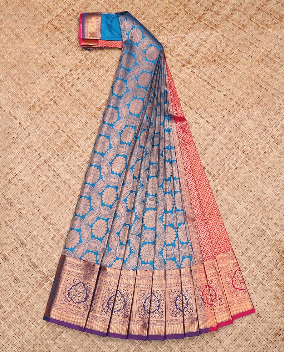 Blue Budget Silk Saree, Accentuated with Jacquard Design, Complemented by a Contrast Floral Creeper Zari Border, Jaal Pallu, and Contrast Blouse