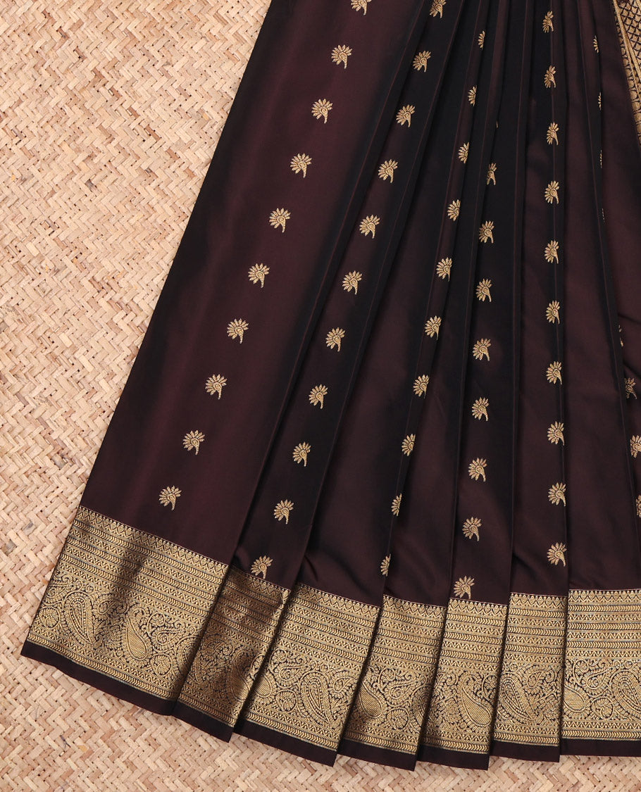 Brown Budget Silk Saree, Ornamented with Zari Buttas, Highlighted by a Traditional Zari Border, Geometric Pallu, and a Matching Blouse