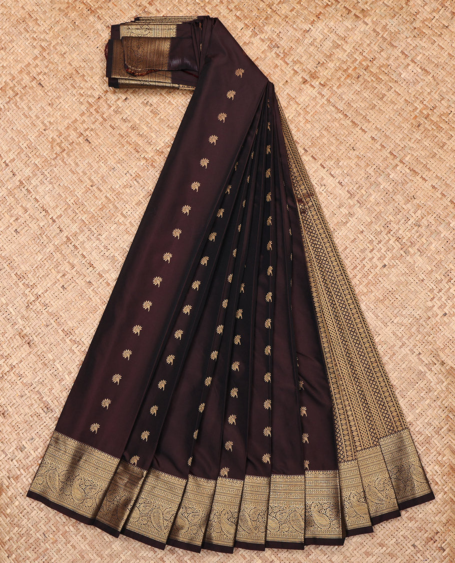 Brown Budget Silk Saree, Ornamented with Zari Buttas, Highlighted by a Traditional Zari Border, Geometric Pallu, and a Matching Blouse