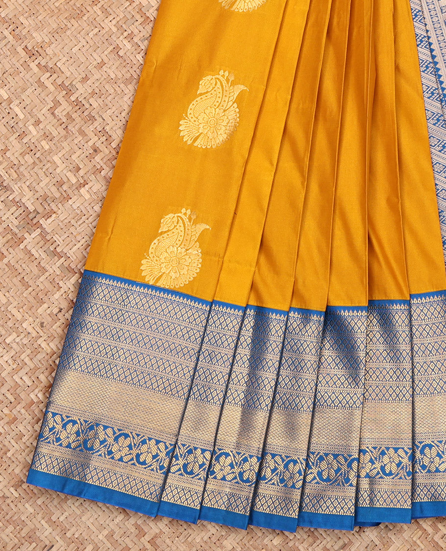Yellow Budget Silk Saree, Sparsely Sparkled with Zari Buttas, Complemented by a Contrast Traditional Border, Grand Pallu, and a Contrast Blouse