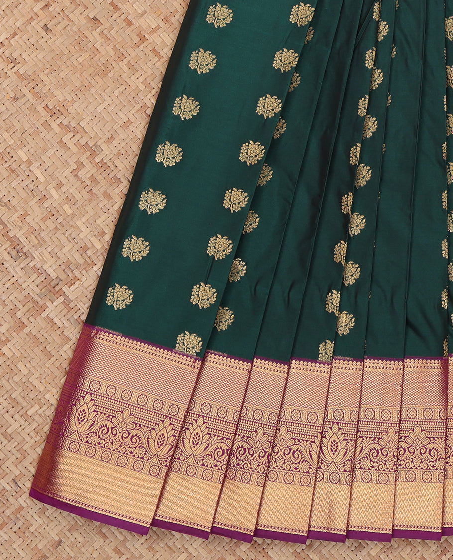 Green Budget Silk Saree, Enriched with Zari Buttas, Complemented by a Contrast Traditional Zari Border, Grand Pallu, and a Contrast Blouse