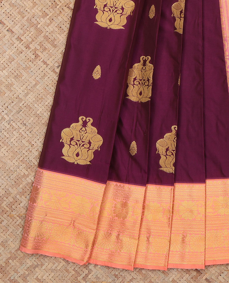 Wine Budget Silk Saree, Crafted with Zari Buttas, a Contrast Traditional Zari Border, an Intricate Pallu and a Contrast Blouse