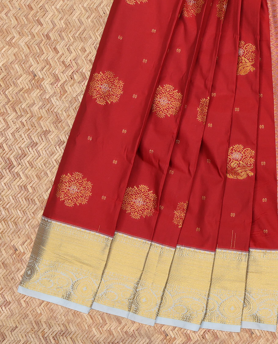 Red Budget Silk Saree, Delicately Woven with Zari Buttas, a Contrast Traditional Zari Border, Grand Pallu, and a Contrast Blouse