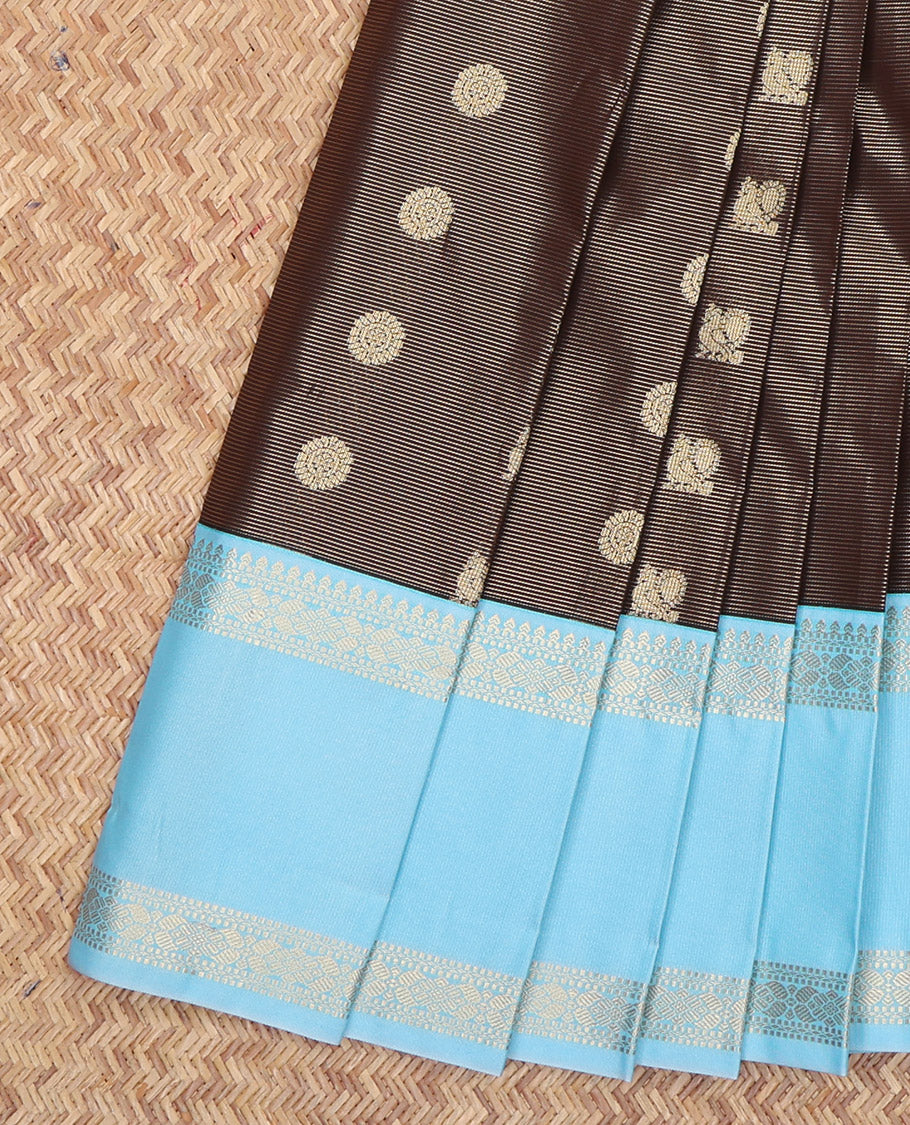 Brown Budget Silk Saree, Crafted with Peacock-Chakram Buttas and Stripes, a Contrast Traditional Zari Rettai Pettu Border, Grand Pallu, and a Contrast Blouse